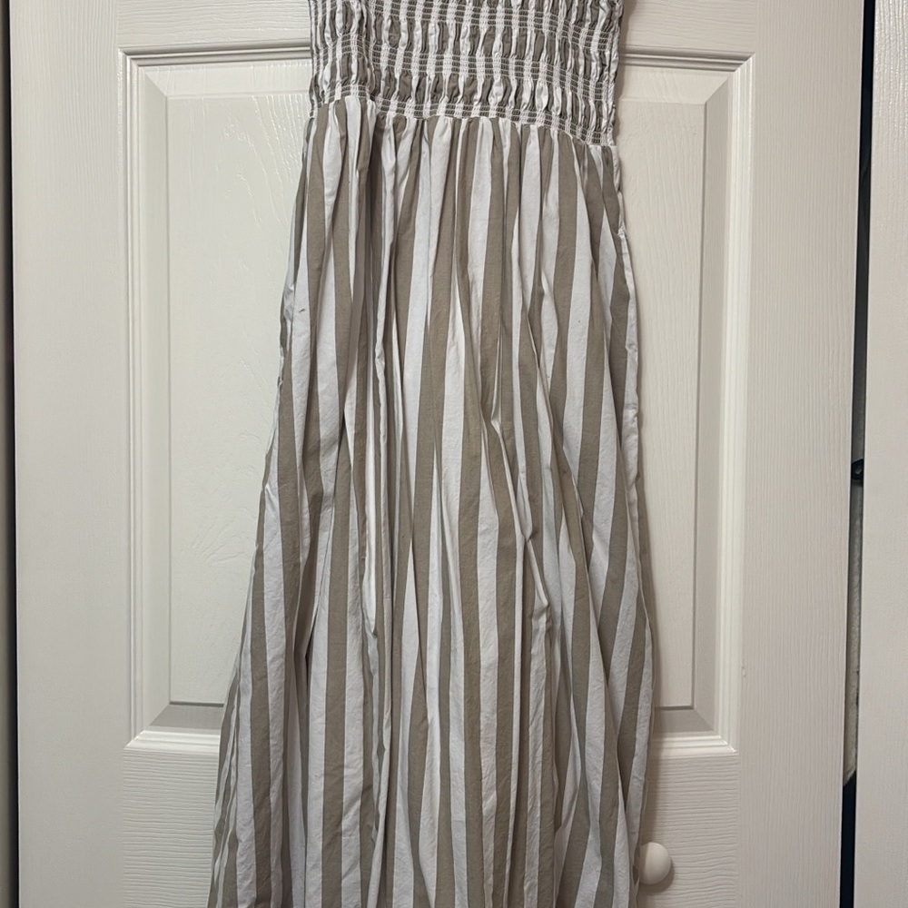 LOFT Striped Midi Dress in White and Tan